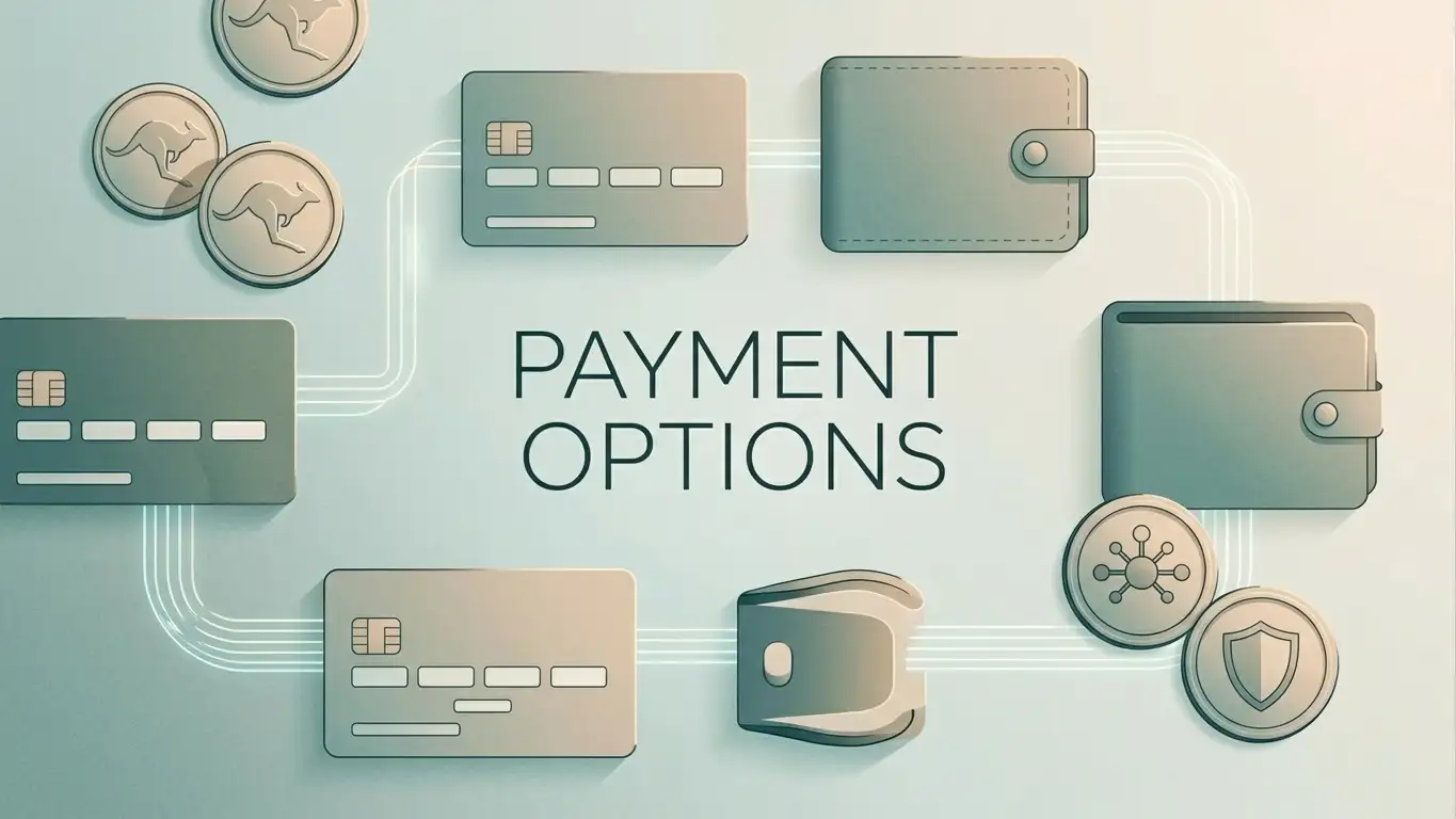 Editorial illustration of Australian dollars, card payments, digital wallets and crypto assets