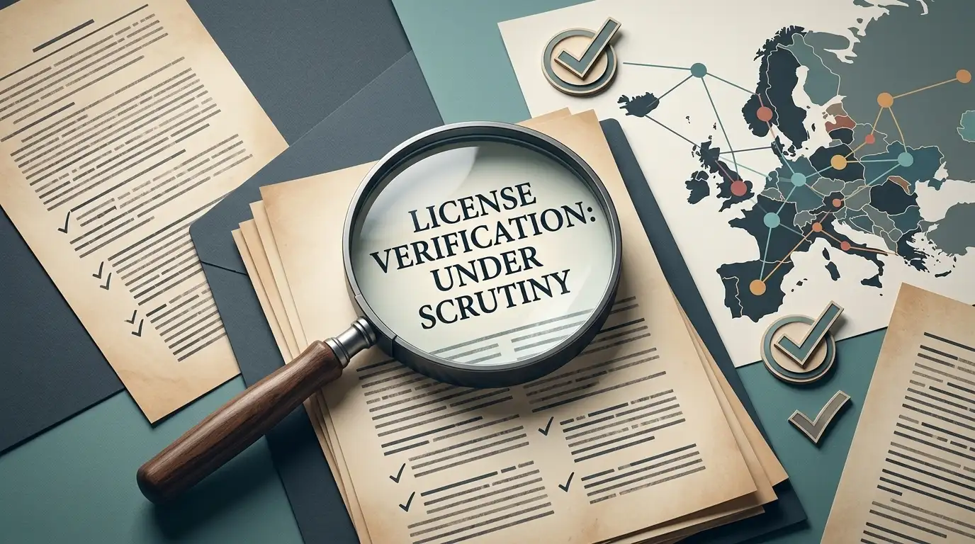 Editorial illustration of licence verification documents and regulatory checks without official seals
