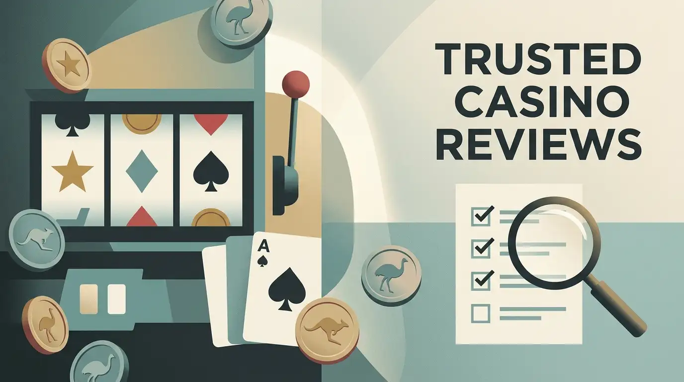 Editorial illustration representing casino review, Australian dollar context and risk assessment