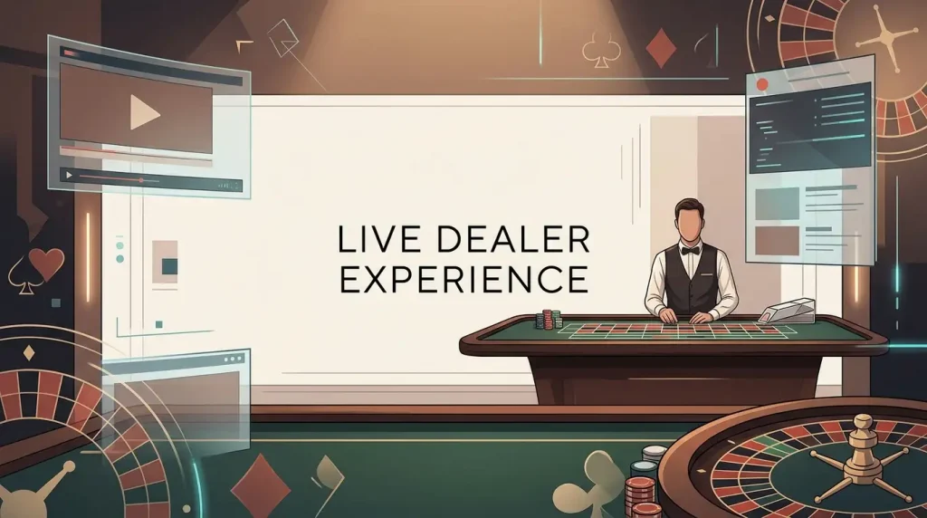 Editorial illustration of a generic live dealer table and streaming interface without brand logos