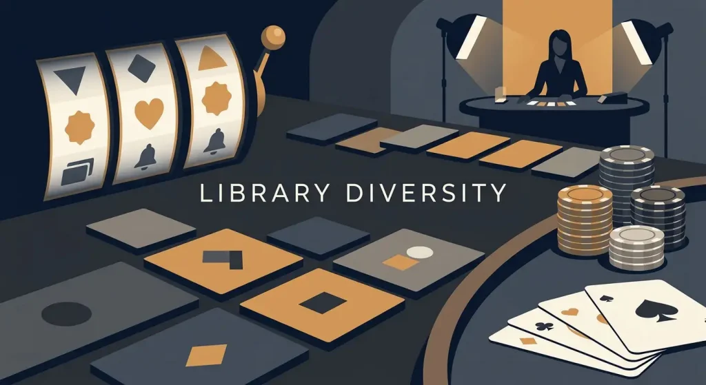 Editorial illustration of a varied online casino game library with generic slot, table and live-dealer symbols