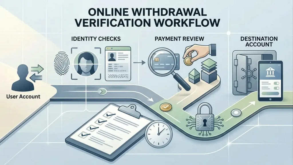 Editorial illustration of a withdrawal review with verification checks, a clock and generic payment symbols