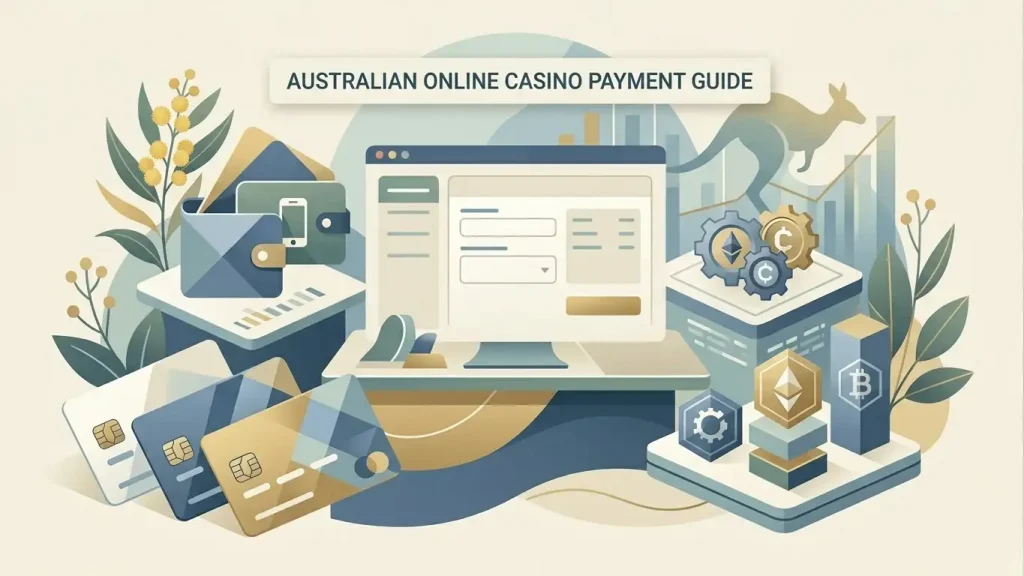 Editorial illustration of AUD payments using generic cards, e-wallet symbols and cryptocurrency tokens without real logos