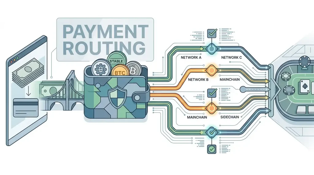 Editorial illustration of Bitcoin, stablecoin and blockchain payment concepts without real logos or casino interface
