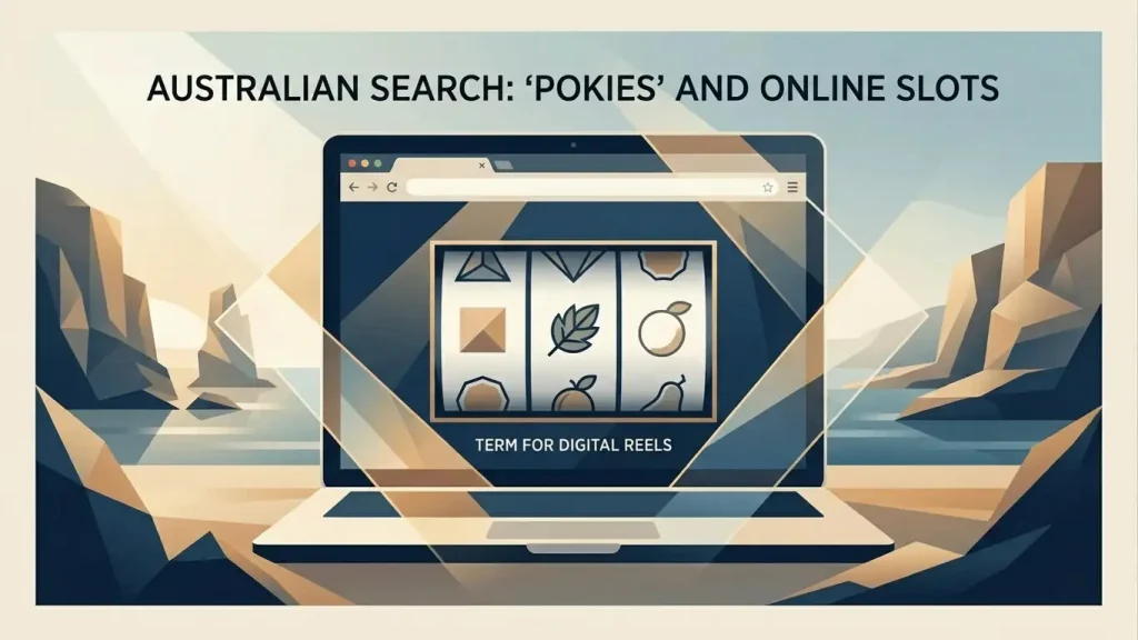 Editorial illustration of generic online slot reels and Australian search-language cues without branding